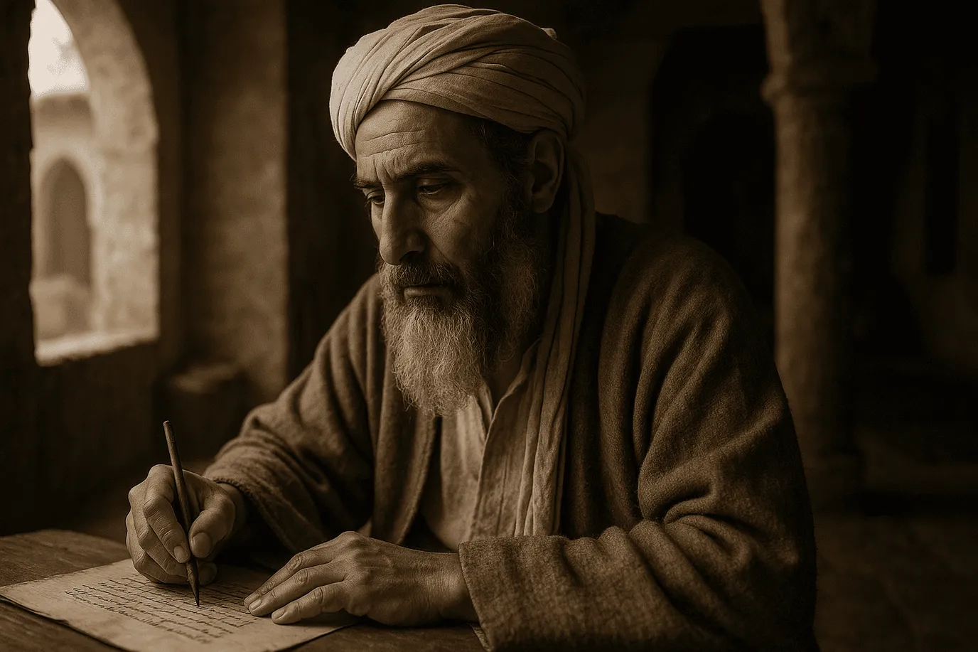 Image fictive représentant Abū al-Qāsim al-Naṣrābādhī, maître soufi de Nishapur au Xe siècle ; cette illustration ne représente pas le personnage historique réel.