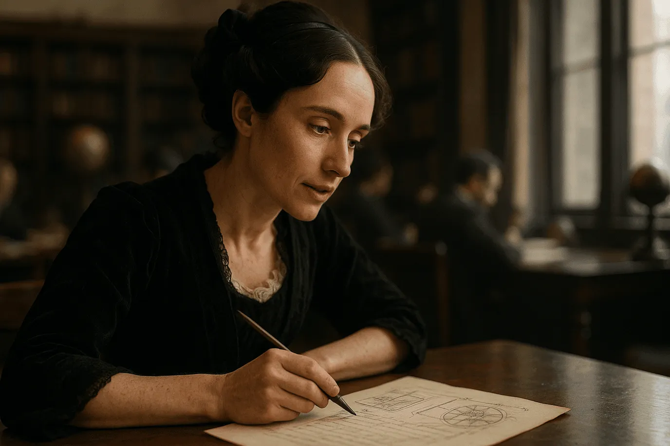 Portrait imaginaire d'Ada Lovelace, mathématicienne et pionnière de la programmation informatique du 19ᵉ siècle. Cette image est fictive et ne représente pas le personnage historique réel.