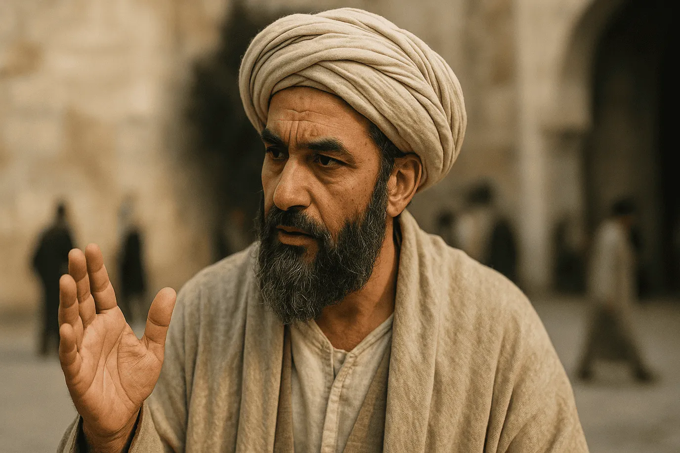 Représentation imaginaire d'al-Ash'ari, théologien musulman du Xᵉ siècle - cette image fictive ne représente pas le personnage historique réel