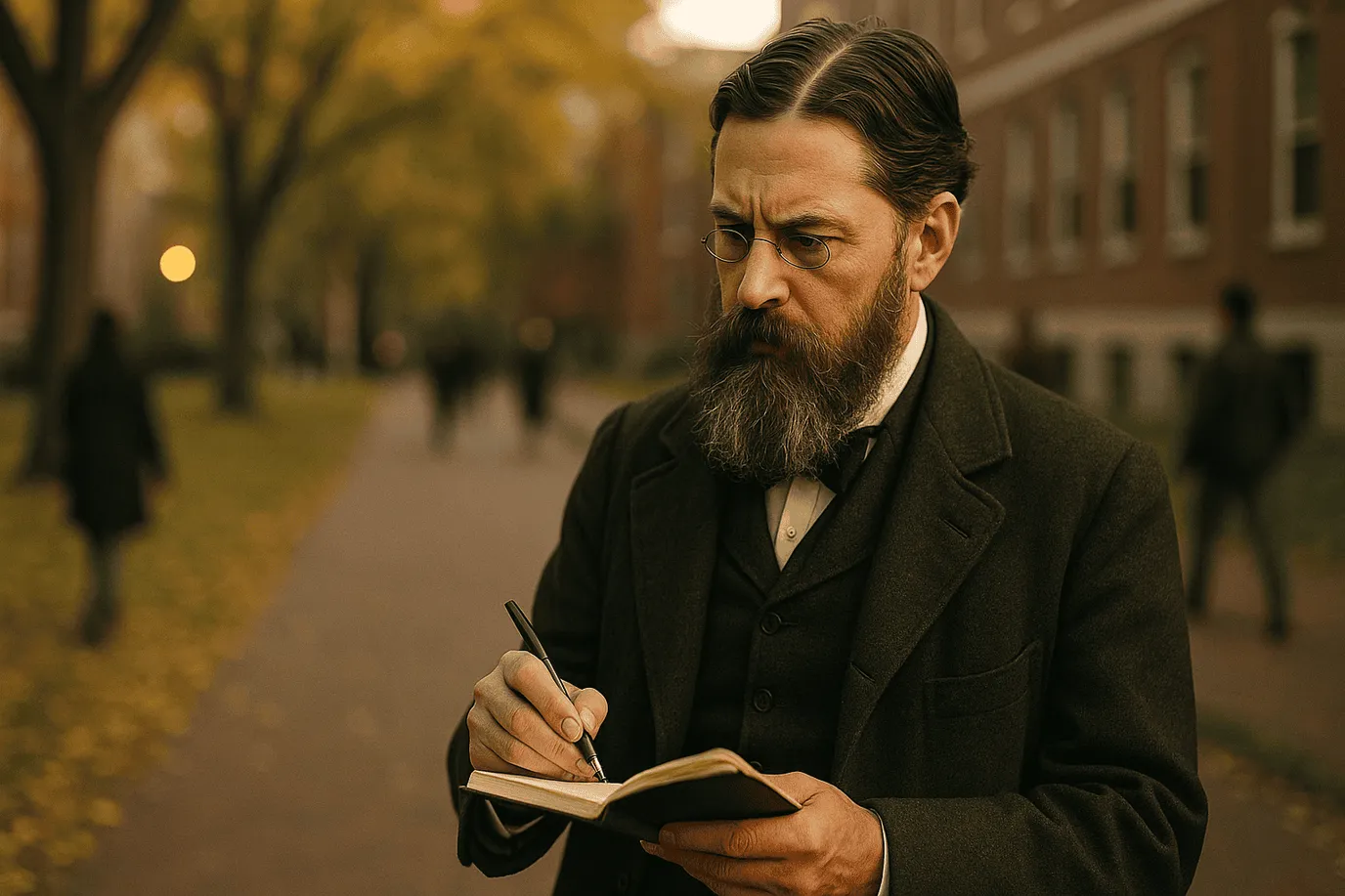 Portrait fictif de Charles S. Peirce, photographié de trois-quarts, carnet et compas en main ; image illustrative ne représentant pas réellement le philosophe.