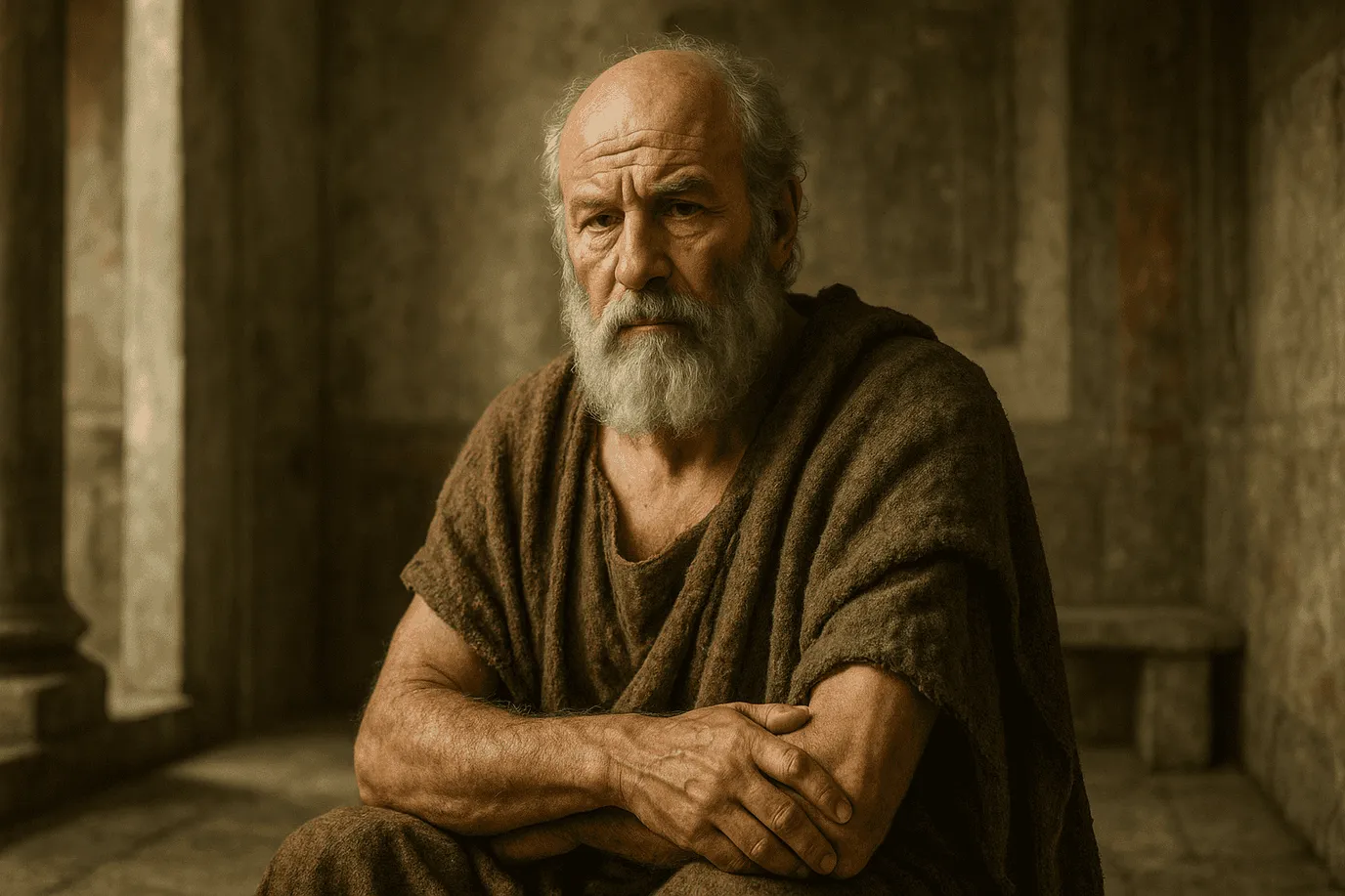 Portrait imaginaire de Cratès de Thèbes, philosophe cynique grec. Cette image est une représentation fictive et ne représente pas le personnage historique réel.