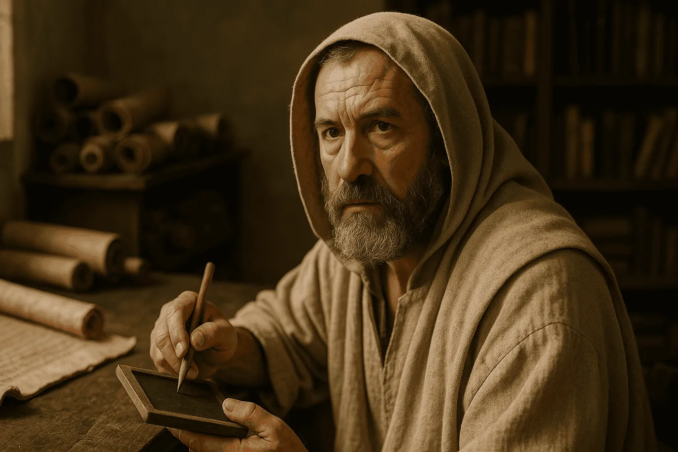 Image imaginaire de Denys le Grammairien, grammairien grec du IIᵉ siècle av. J.-C., qui ne représente pas le personnage réel.