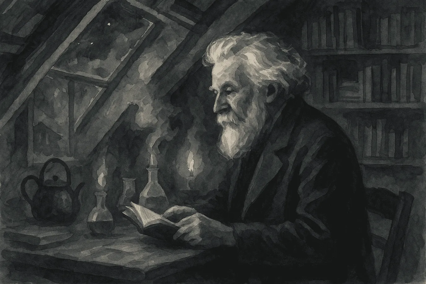 Portrait imaginaire et fictif de Gaston Bachelard, philosophe français, cette représentation symbolique ne correspond pas à l'apparence réelle du penseur