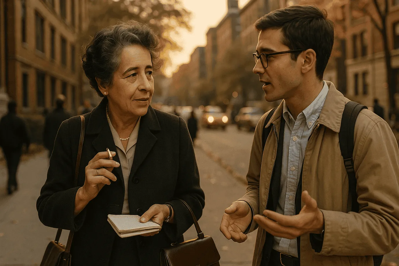 Portrait imaginaire de la philosophe politique Hannah Arendt, théoricienne majeure du totalitarisme et de la condition humaine moderne - image fictive ne représentant pas le personnage historique réel.