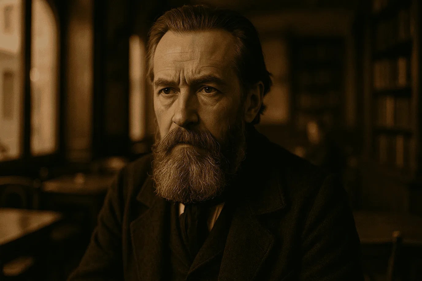 Portrait fictif d'un philosophe allemand du XIXᵉ siècle en redingote sombre, ne représentant pas réellement Ludwig Feuerbach