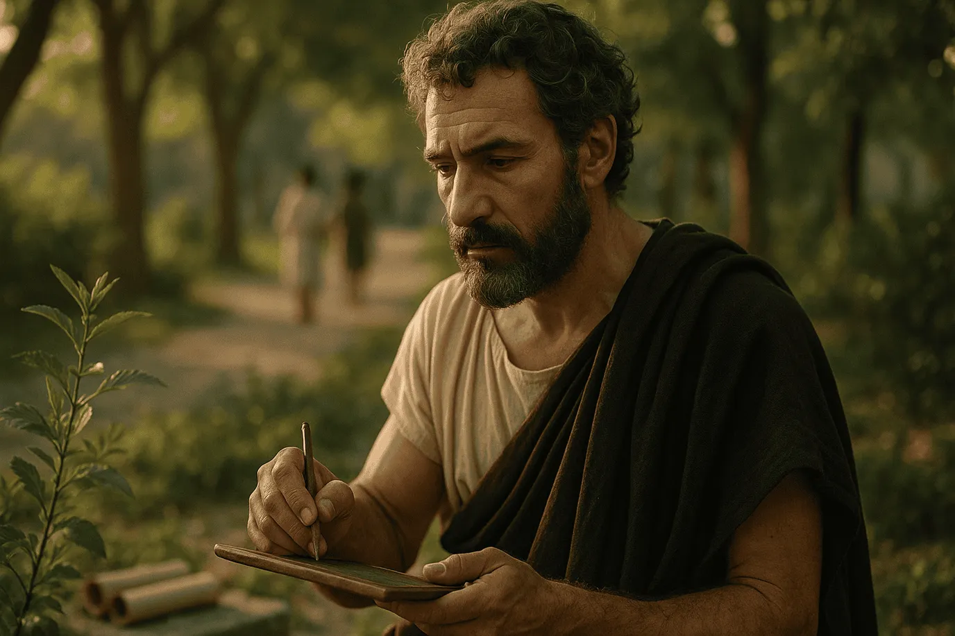 Représentation imaginaire de Théophraste, philosophe grec et botaniste. Cette image est fictive et ne représente pas le personnage historique réel.