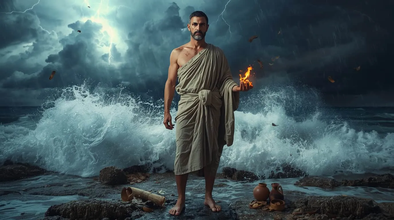Image fictive représentant un philosophe stoïcien dans le Portique d'Athènes – cette illustration imaginaire ne représente pas le véritable Zénon de Tarse
