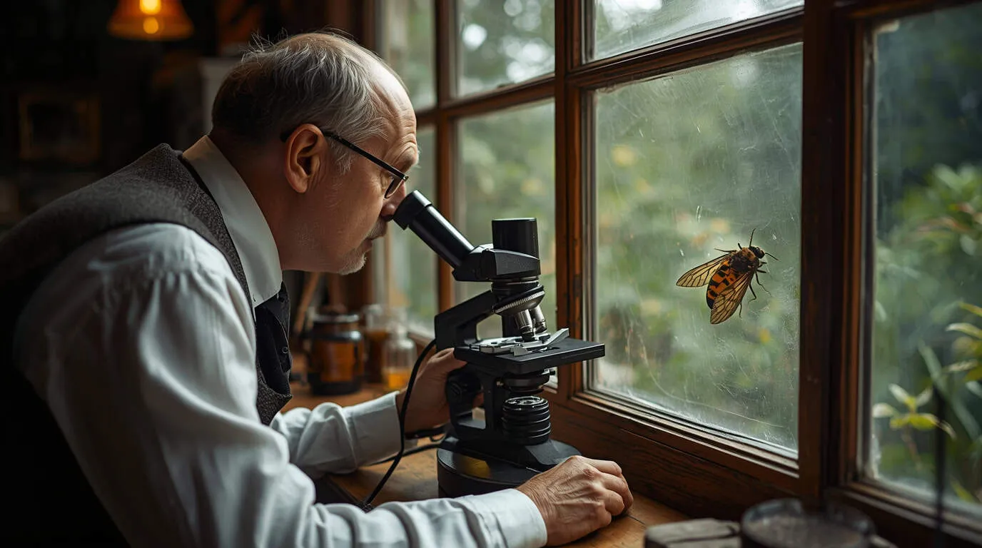 Biologiste du début du XXe siècle observant des protozoaires au microscope, détournant son regard vers les insectes du jardin à l'extérieur de la fenêtre
