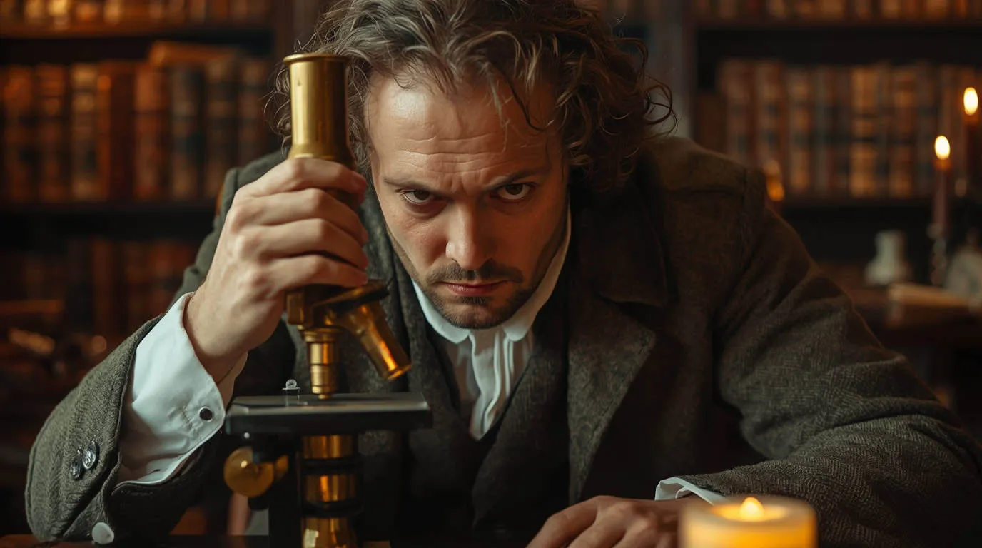 Un homme s'appuie sur un microscope et regarde droit devant lui