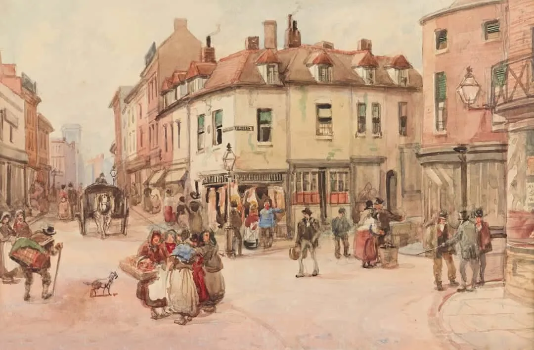 une gravure ancienne d'une scène de rue