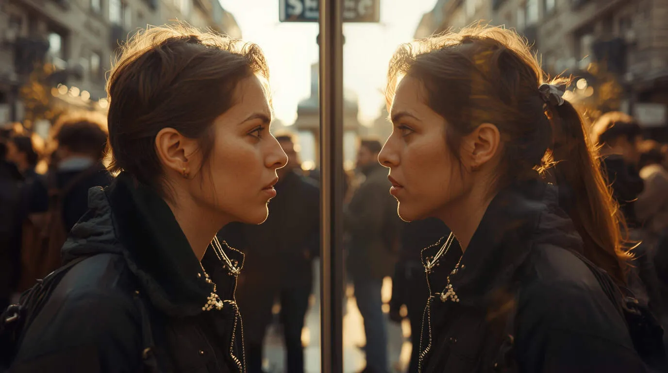 Une femme se regarde dans un miroir