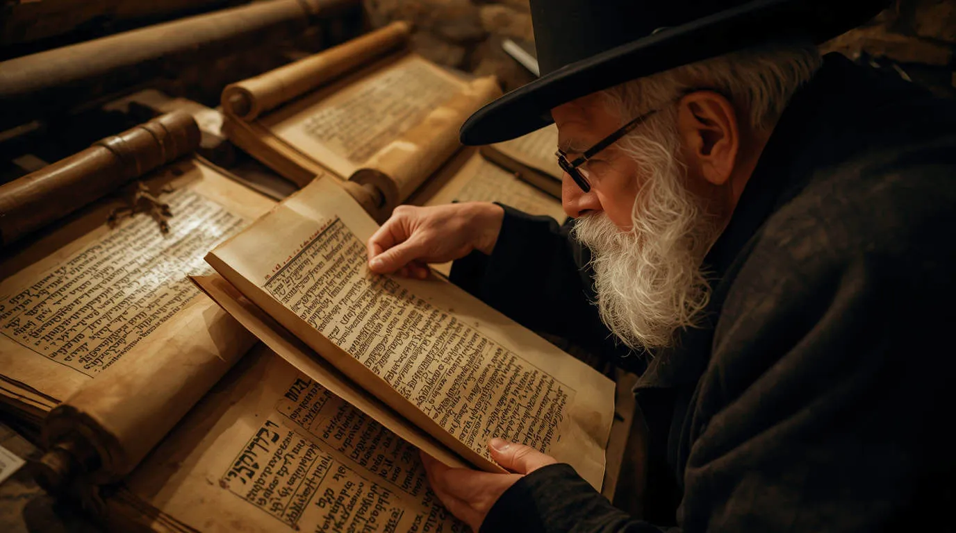 Un érudit scrute d'anciens manuscrits