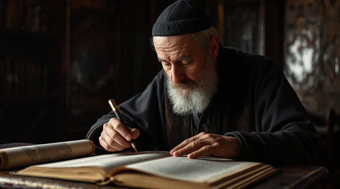 un rabbin étudie un manuscrit ancien