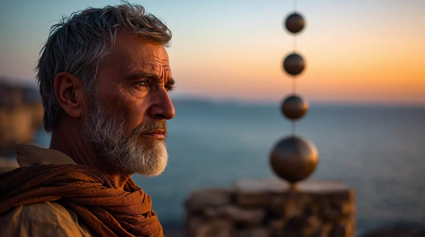 Un philosophe face à des sphères en équilibre