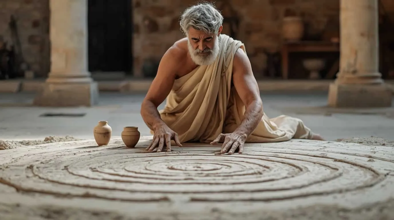Géomètre grec antique comparant des poteries imparfaites à des cercles parfaits dessinés dans le sable, mains mesurant les proportions
